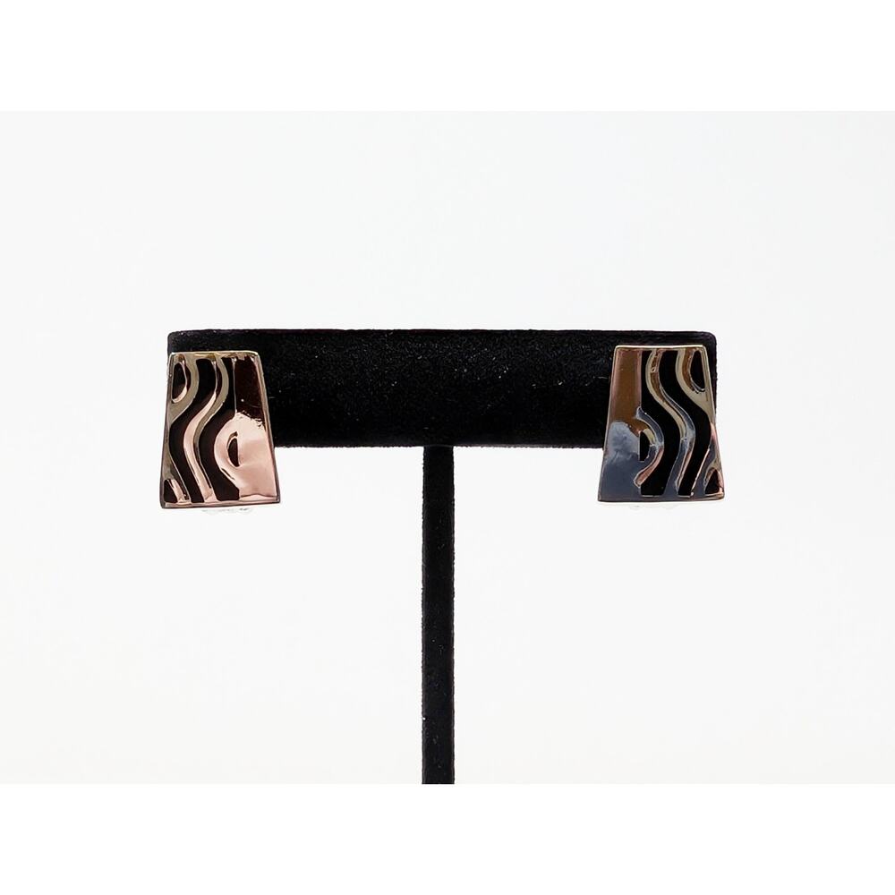 Silver Tone Earrings Clip On Black Square Wavy Lines Statement